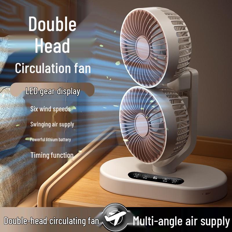Dual-Head USB Mini Oscillating Desktop Fan with Digital Display for Home and Office