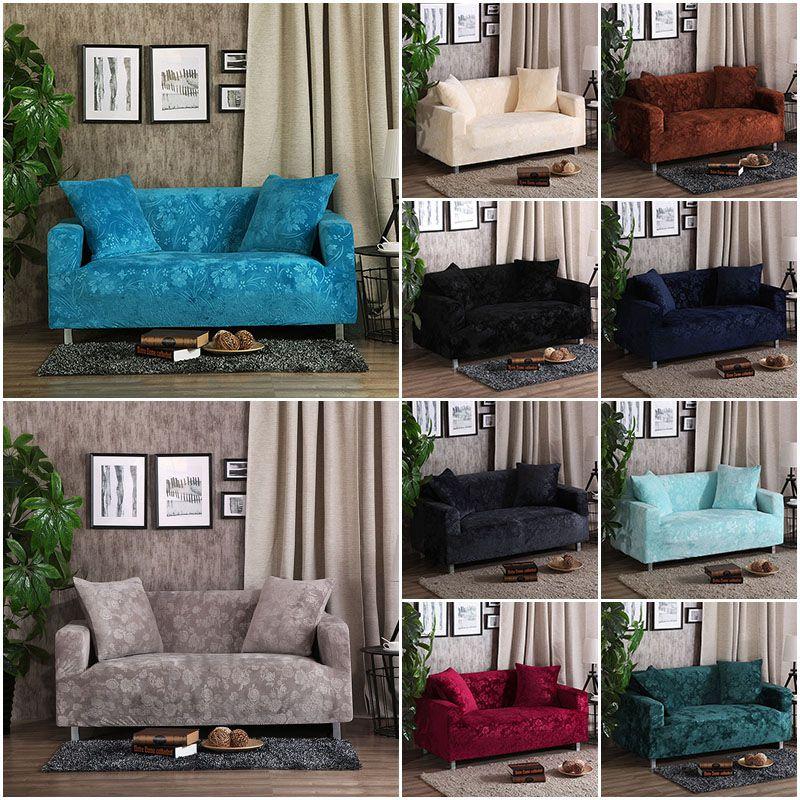Luxurious Stretch Velvet Sofa Cover Slipcover Soft Embossing Flower Nonslip Wrinkle Resistant