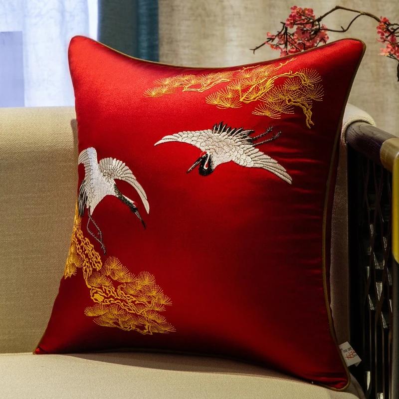 Wohnzimmer Schlafzimmer Kran Bestickte Dekokissen Kissenbezug im Neuen Chinesischen Stil Mahagoni Zuhause Sofa Bett Taillenkissenbezug