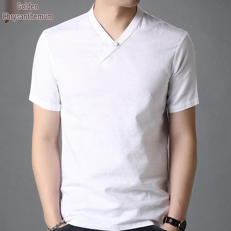 Jinjv Men s V-Neck Linen Blend Short Sleeve T-Shirt 3XL