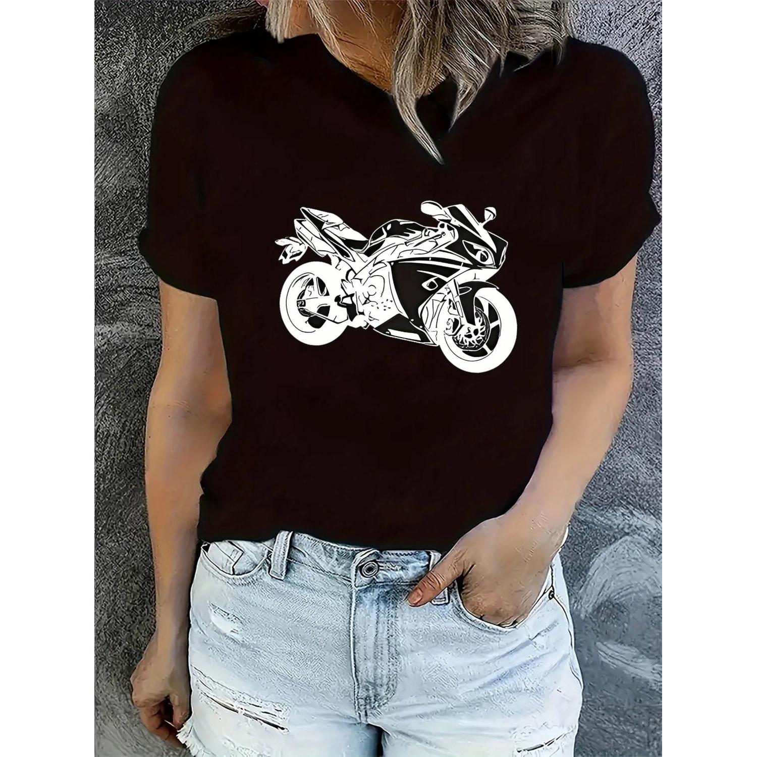 

Motocycle fashion t-shirt Women s casual crew neck t-shirt with geometric motorcycle print concise style T-shirt S чёрный