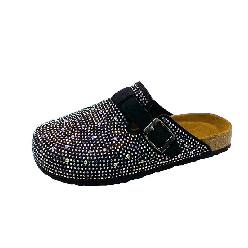 Flat Summer Modern Slippers with Outer Sexy Toe Rhinestone Decoration 2024 High Quality Solid Color Shiny Women's Slippers