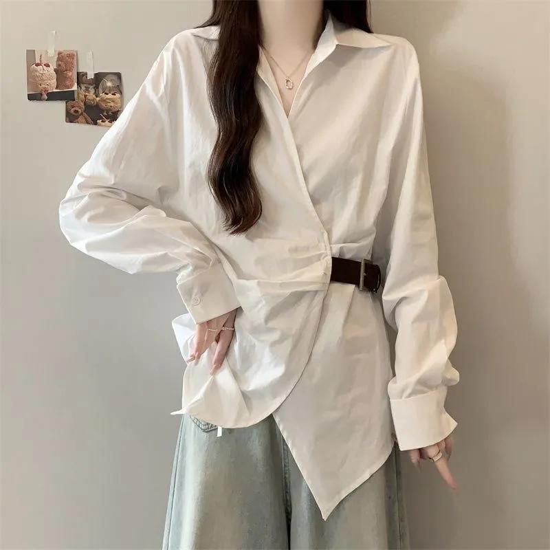 

Women s Spring/Fall V-Neck Commuter Long-Sleeve Outerwear Shirt Unique Elegance Waist-Defining Top 3XL білий