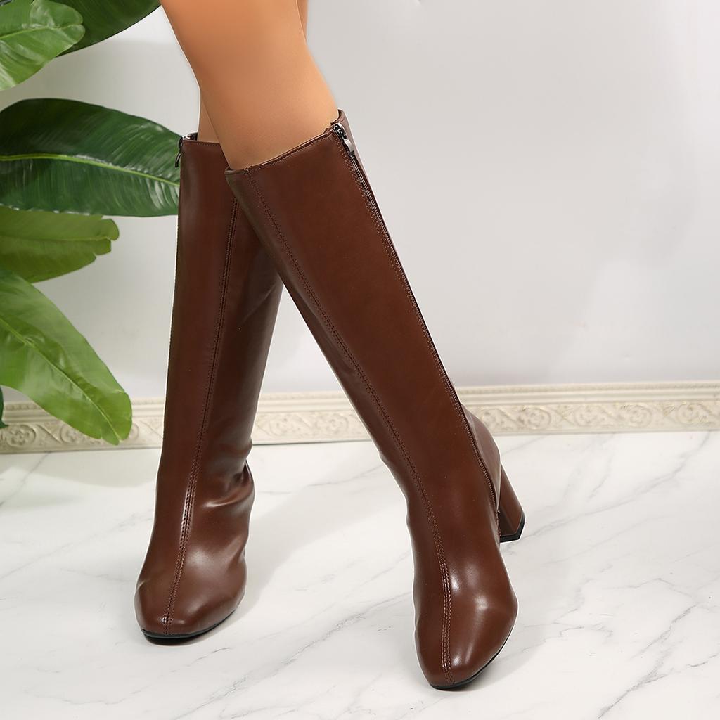 Fashion Designer Leather High-heeled Women's Boots 2025 Autumn and Winter New Trend Elegant Solid Color Zipper Design Fashion Boots