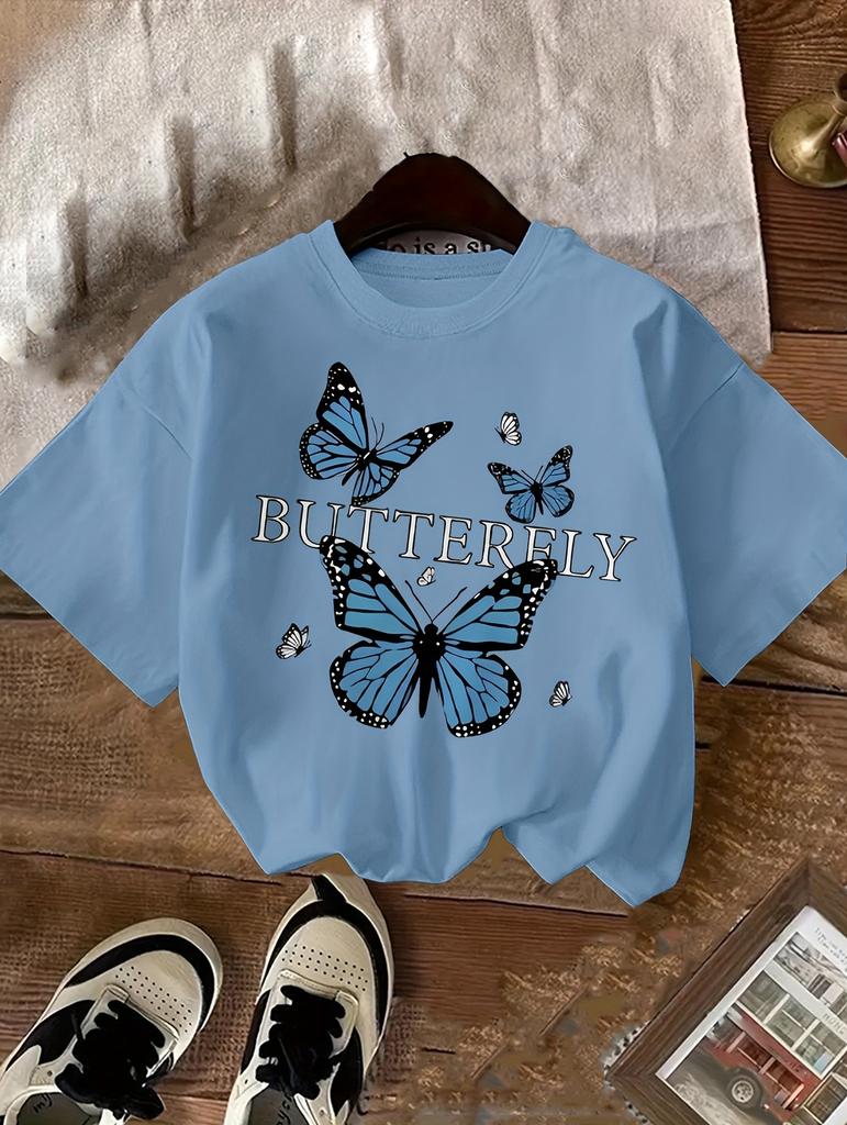 New Womens Blue Butterfly Print Comfortable Round Neck Tshirt With Multiple Colors Available For Home And Outdoor Casual Tops