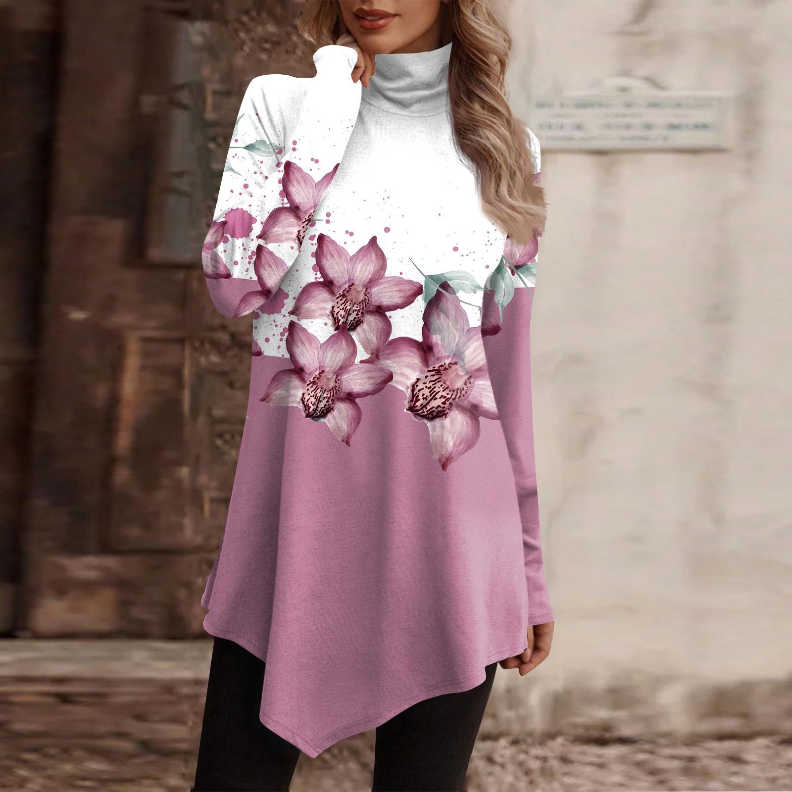 

Повседневная модная рубашка с цветочным принтом, топы с высоким воротом, пуловеры с длинными рукавами и нерегулярным подолом XXL розовый