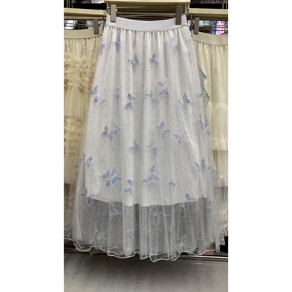 

Qooth Elegant Women A-line Flash Butterfly Tulle Skirt Wide Hem Mid Length Elastic Waist Skirt QT2635 One Size білий