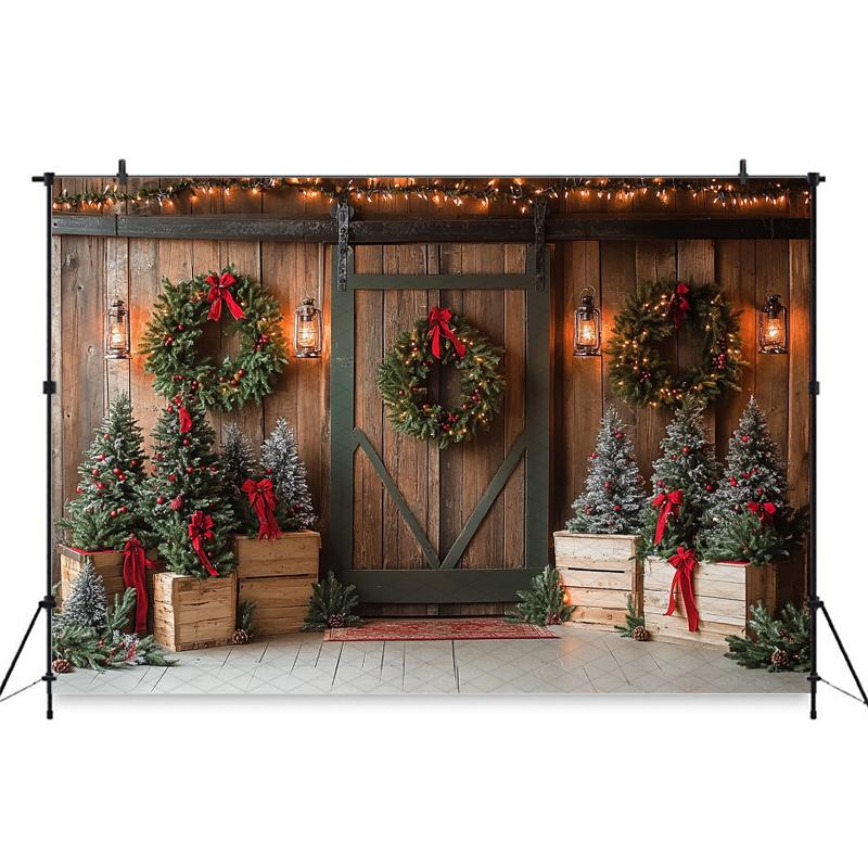 Mocsicka Christmas Wood Door Background Photography Room Wreath Tree Wall Backdrop Shooting Props Party Decoration Studio Banner