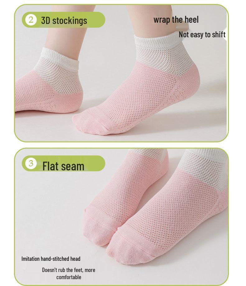 Set of 5 Pairs Girls' Thin Mesh Ankle Socks – Summer Anti-Pilling Cotton, Short Length for Older Kids