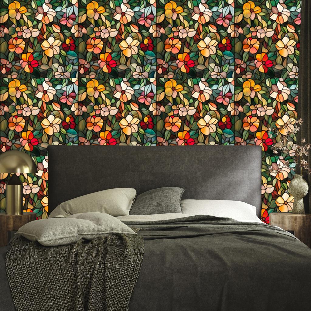 Wallpaper Stained Glass Flowers Gold and Bottle Green 50x1000