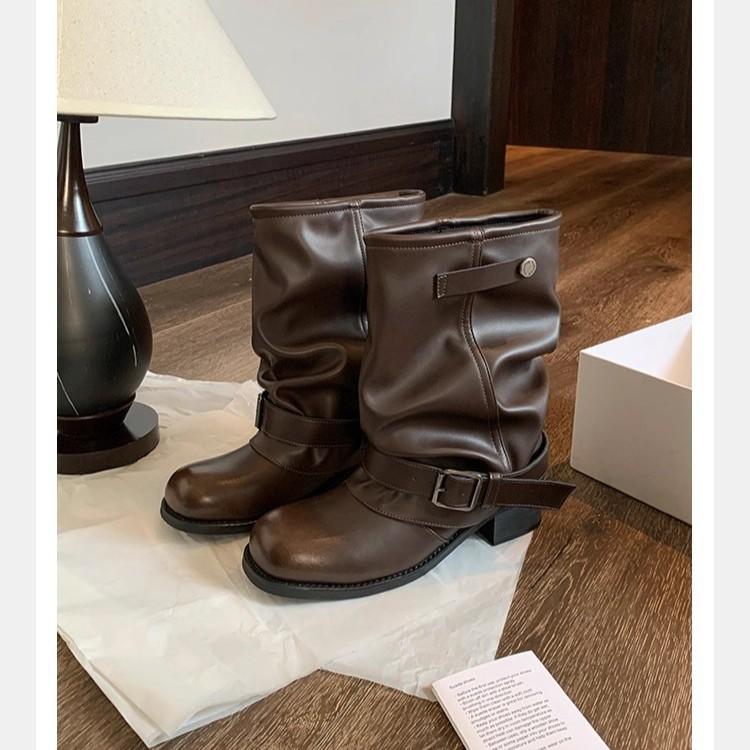 Mid length boots for women in the autumn and winter of  waste soil wind pile boots  western leather short boots for women