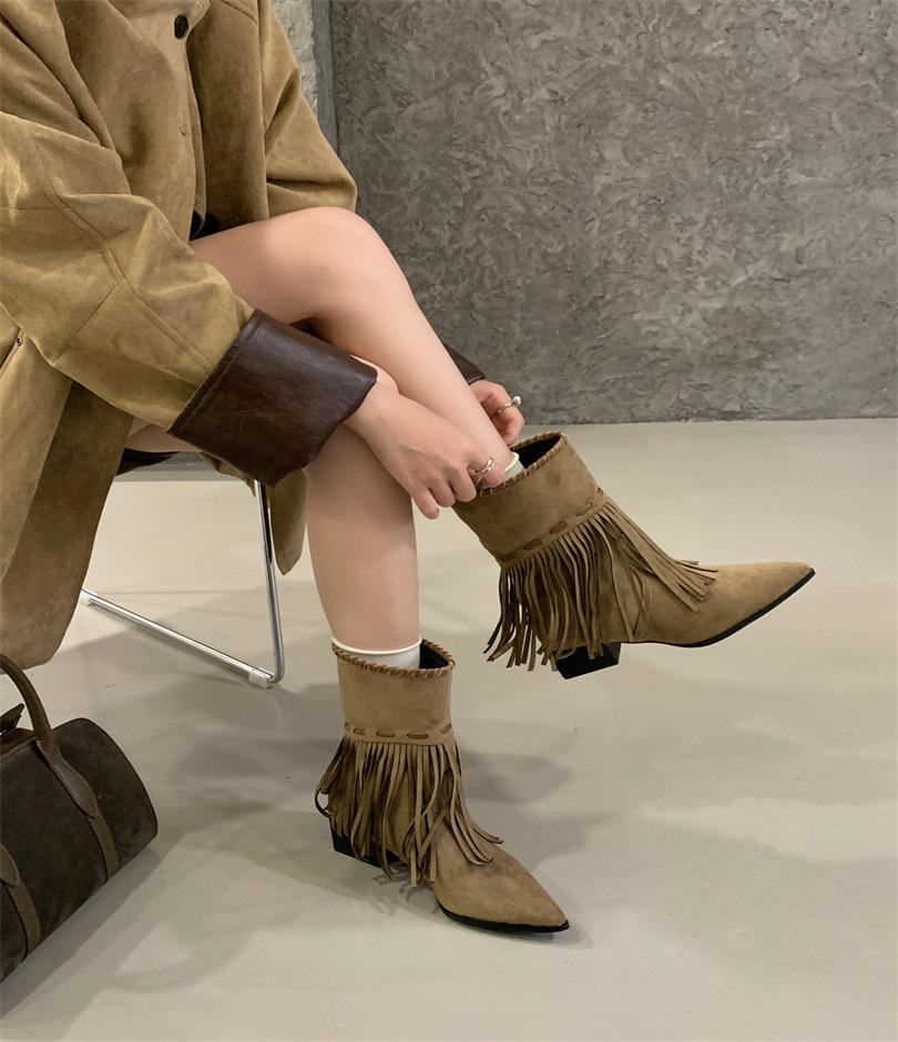European and American wind slope heel pointed tassel high heel short boots