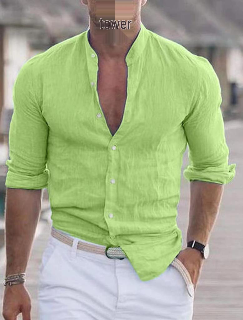 2023 Men's Long Sleeve Hawaiian Beach Shirt - Solid Color Summer Holiday Wear