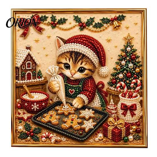 Christmas Faux Pearl Art Kit Xmas Cat Painting Kit, Festive DIY Winter Home Decor Cute Kitty 3D Bead Craft for Adults Teens, Holiday Wall Sparkling