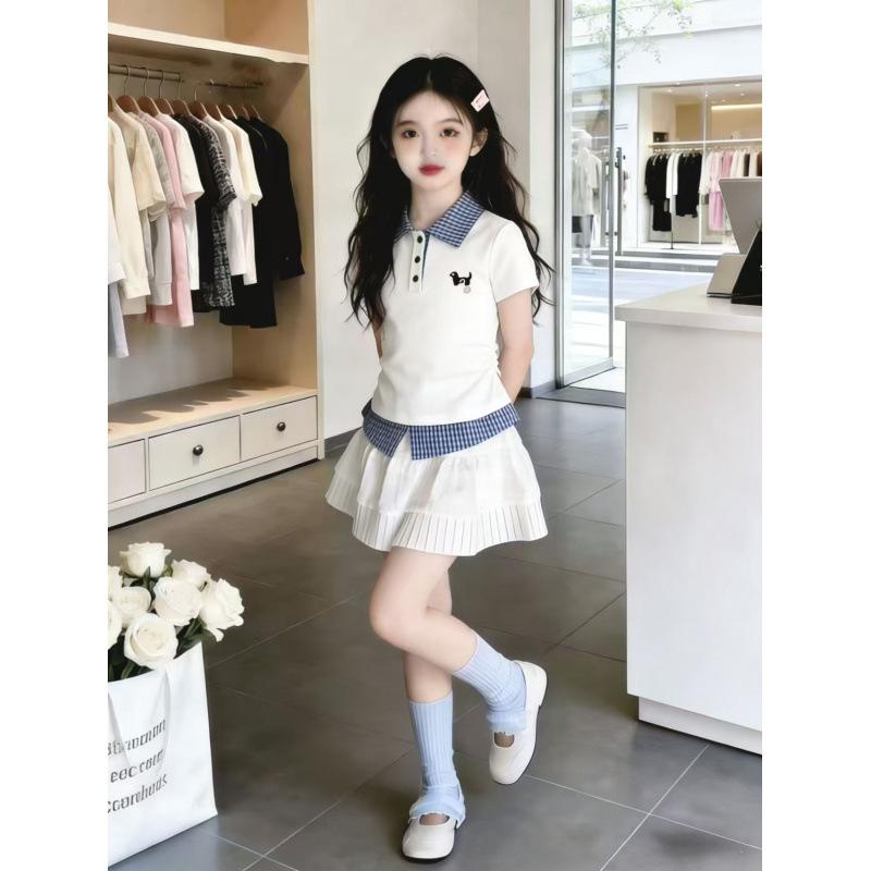 Girls Fake Two Piece Polo Shirt Medium Large Kids Collar Short Sleeve T Shirt Casual Top