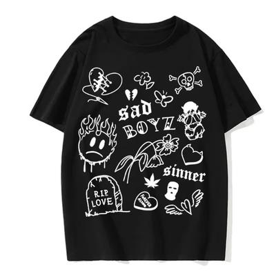 Erkek Yazlık Tişört Eğlenceli Grafiti Moda Günlük Hip Hop Sokak Stili Yuvarlak Yaka Tişört Erkek Kısa Kollu