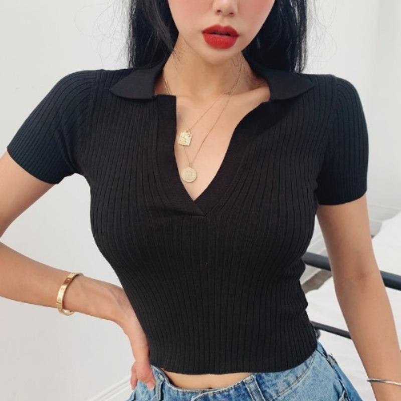 Retro Lapel Knit Short-sleeved T-shirt Female V-neck Slim Short Section of The Navel Heart Machine Tops Casual Essential Slim Fit Pullovers Tees