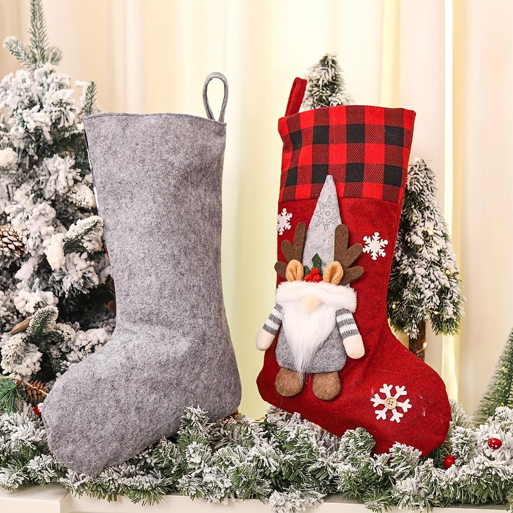 1pc Festive Christmas Stocking with Plaid Trim Cartoon Gnome Design, Perfect for Tree Fireplace Decorations