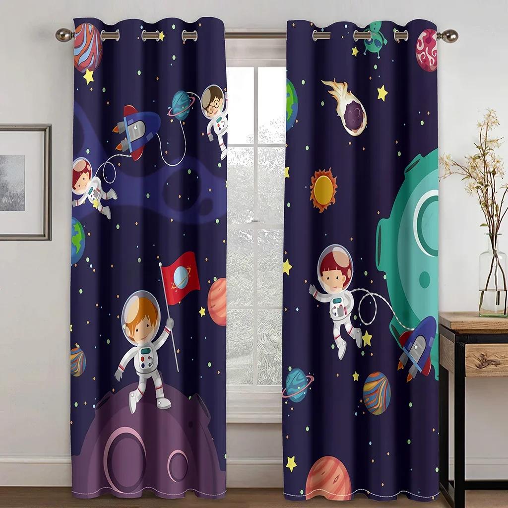 3D-Kinder-Cartoon-Astronauten im Weltraum, Sterne und das Universum, 2-teilig, Sonnenschutzvorhang für Wohnzimmer und Schlafzimmer