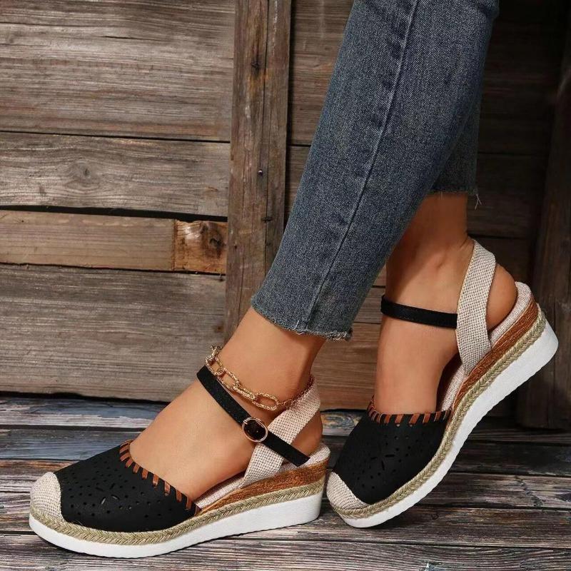 Large size wedge heel women's sandals summer new flat bottom bag head casual hollow buckle middle heel women's sandals