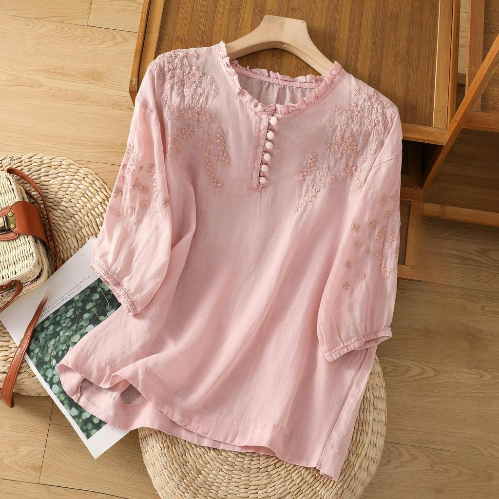 Short-sleeved T-shirt Women's Embroidered Lace Thin Cotton and Linen Shirt Top