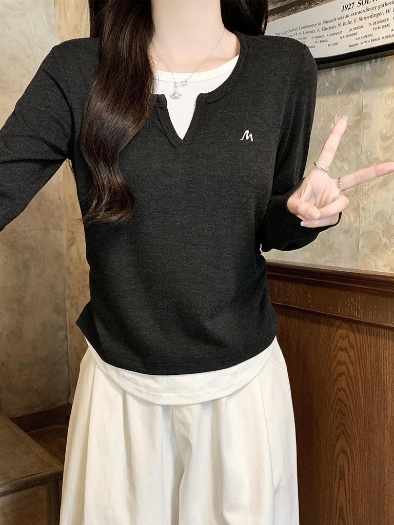 Women's 2025 Autumn Patchwork Pleated Waist Two-Piece Look Long-Sleeve Slimming Top