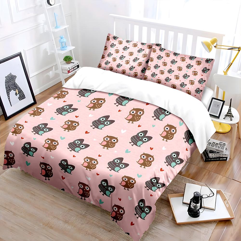 Cartoon owls and heart backdrop Bedding Set for Kids Luxury Gift 3pcs Digital Print Comforter Set Soft Comfortable Breathable