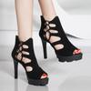 Stil Damen Super High Heel Wasserdicht Plateau Wildleder Sexy Nachtclub Skinny Hollow Fischmaul Sandalen