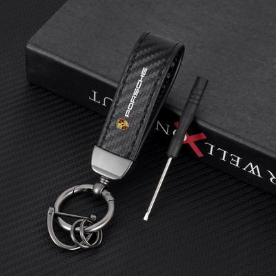 Car Carbon Fiber Leather Keychain 3D Emblem Key Ring For Panamera Cayenne Taycan 911 718 Macan Carrera-GT 928 944 968