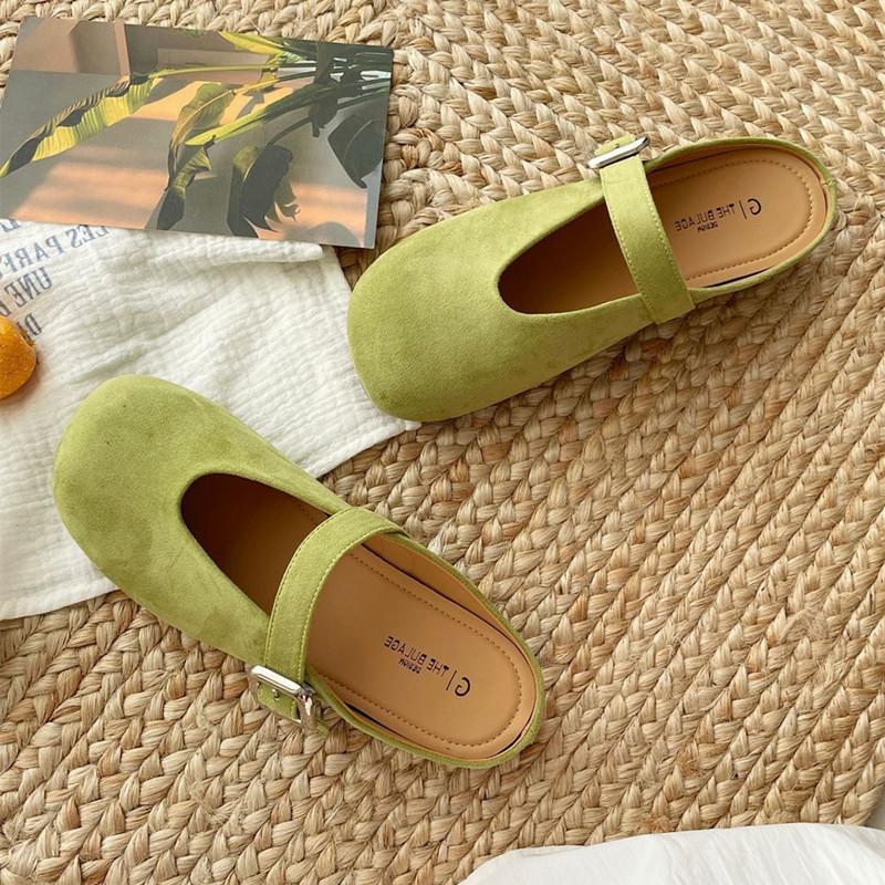 

Fashion Cute Rainbow Color Flat Mules Slippers Women Faux Suede Belt Buckle Design Slide Sandals Summer Non-slip Comfort Women Loafers 35 зелёный
