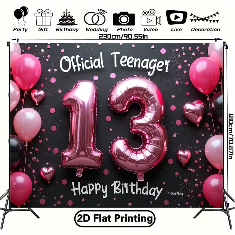 2D 13th Birthday Photo Booth Backdrop "Official Teenager" Pink Balloons Background