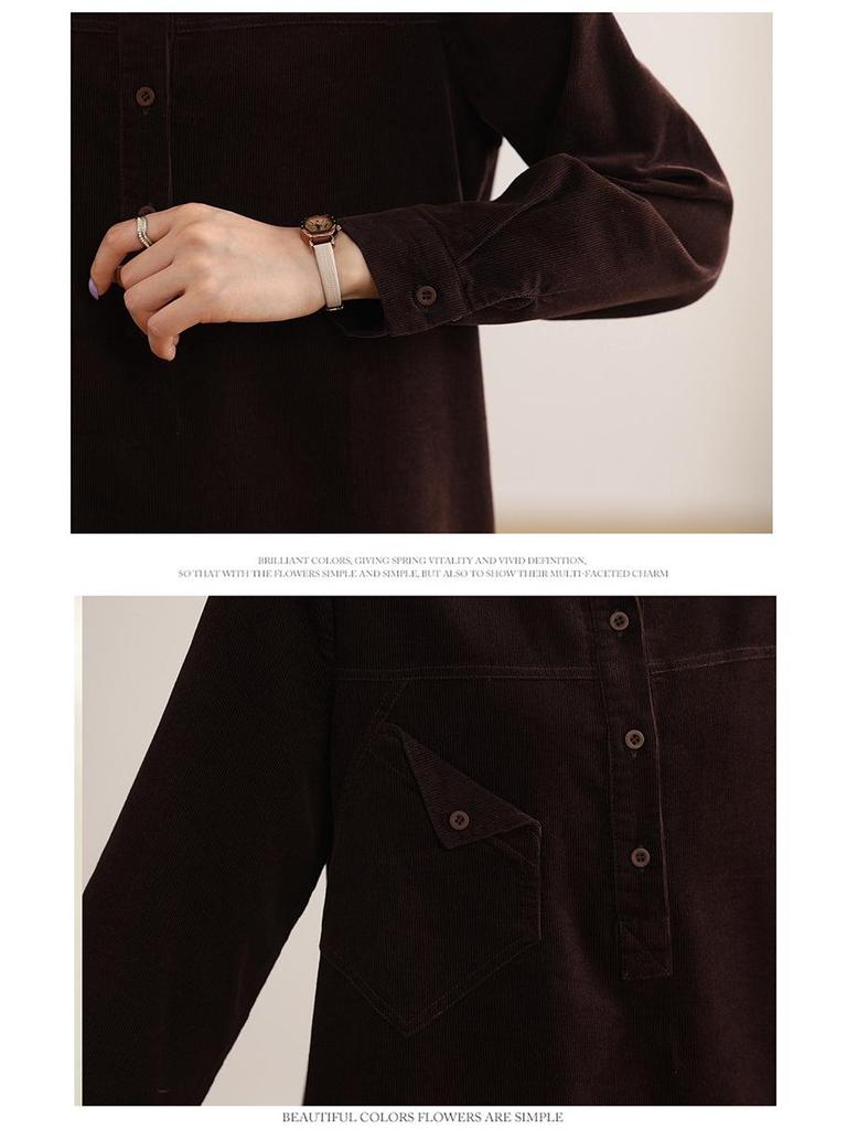 Women's Spring/Autumn Corduroy Long Sleeve Shirt Dress - Slimming, Age-Reducing Fit