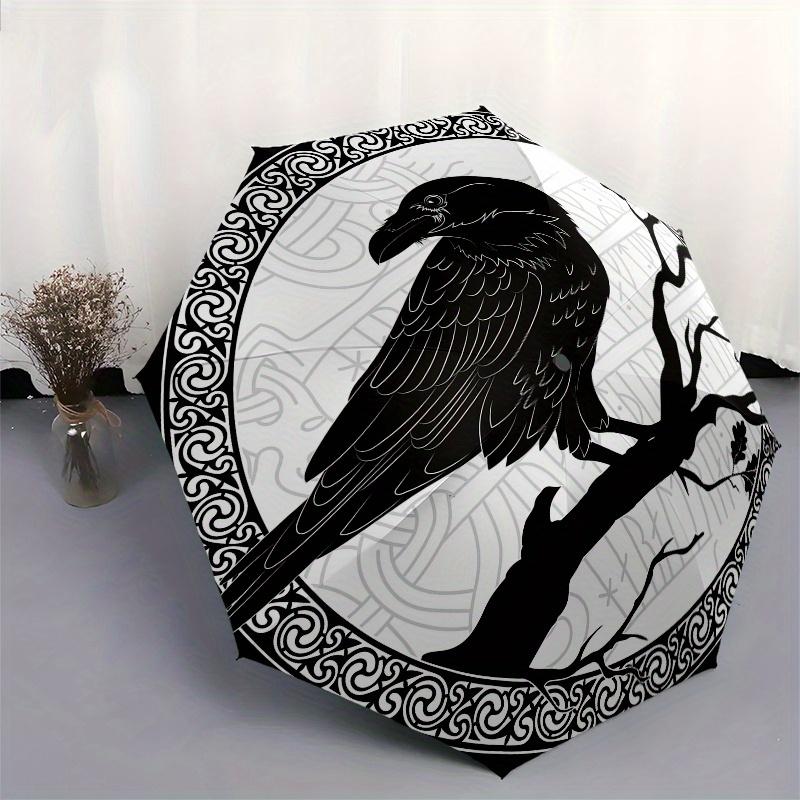 Raven on Branch: Mystical Black and White ArtworkUmbrella, Portable 3-Fold Compact Umbrella,Christmas Gift ES404