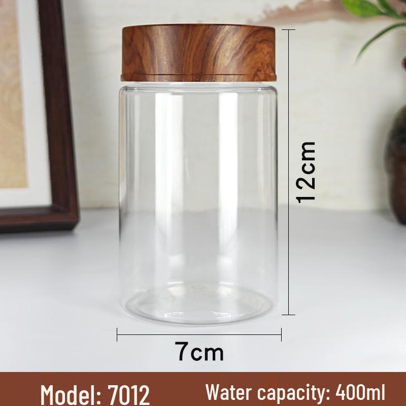 PET Plastic Storage Jar with Imitation Wood Grain Lid, High Transparency, Food Grade for Medicine, Herbs, Tea, Flowers, Grains, and Nuts.
