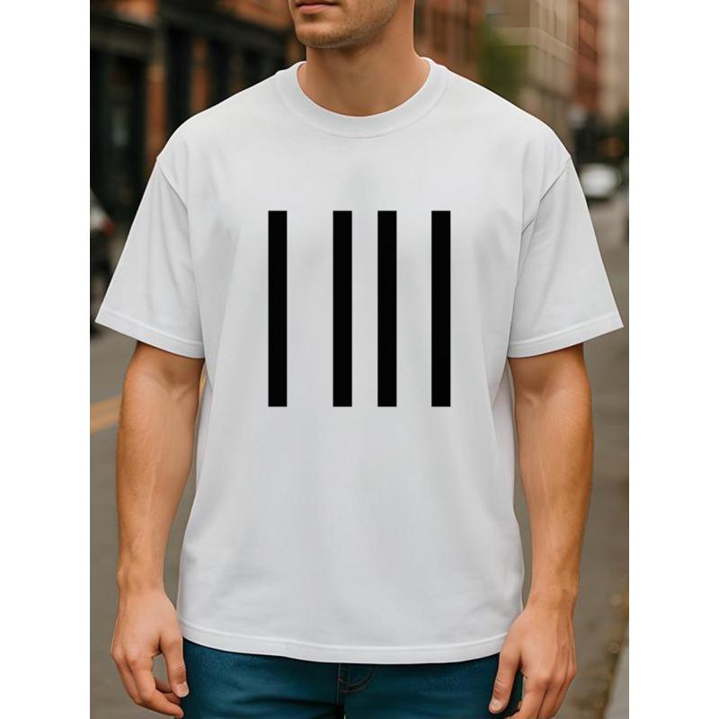 European sizes Men'S Casual Short-Sleeved T-Shirt | Minimalist Four Vertical Line Pattern Print, Round-Neck,