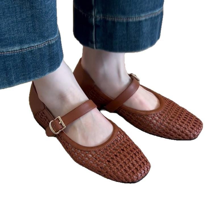 Lan Cabinet Edition~ Niche Hollow Retro Woven One-word Belt Single Shoes Women's 2025 Summer New Flat-bottomed Mary Jane Shoes