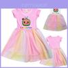 Cocomelon Kids Girl Princess Dress With Short Sleeve Cartoon Anime Print And Breathable Mesh Fabric