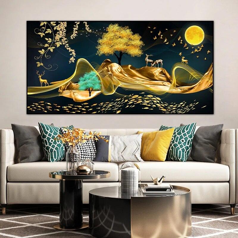 Abstract Landscape Canvas Painting Golden Elk And Trees Canvas Wall Art Posters and Prints Pictures for Living Room Frameless
