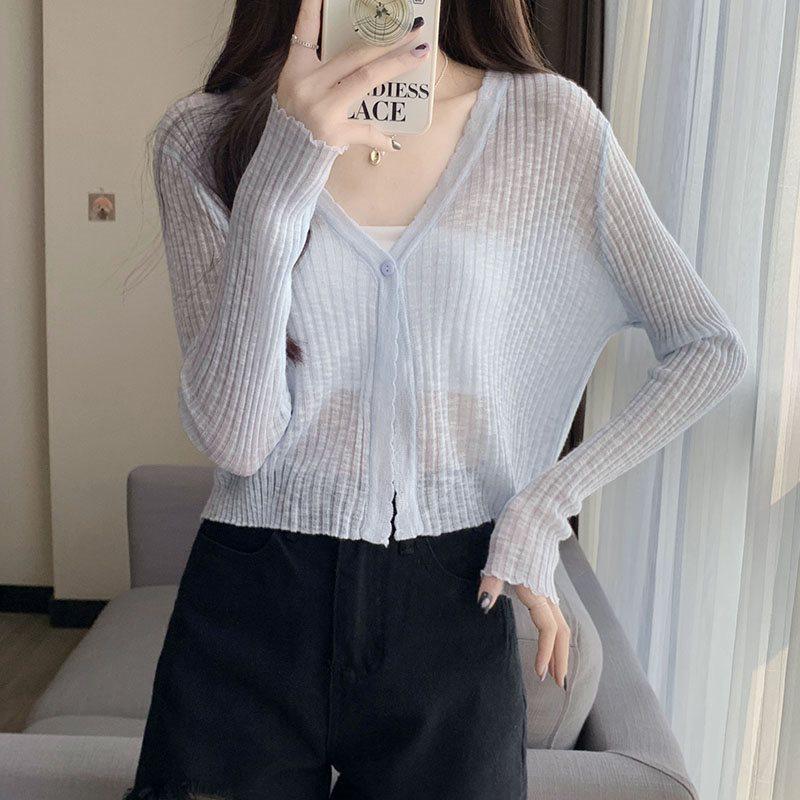 Dámský letní kardigan z ledového hedvábí s ochranou proti slunci s tílkem a tylovou šálou - Tenký styl krátká bunda top