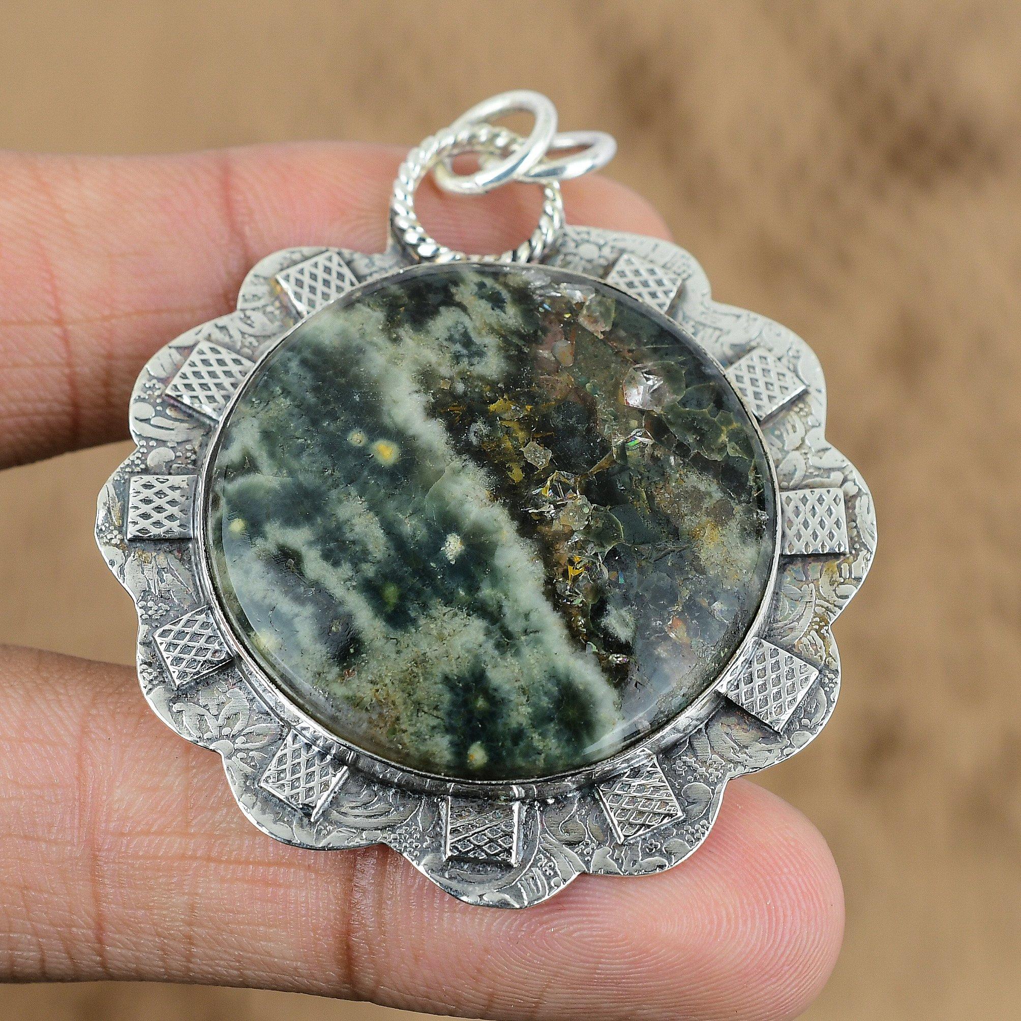 

Sterling Silver Round Natural Ocean Jasper Daughter Engagement Artisan Pendant