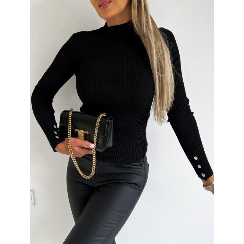 Autumn/Winter 2025 High Neck Slim Fit Ribbed Sweater for Women with Shell Buttons