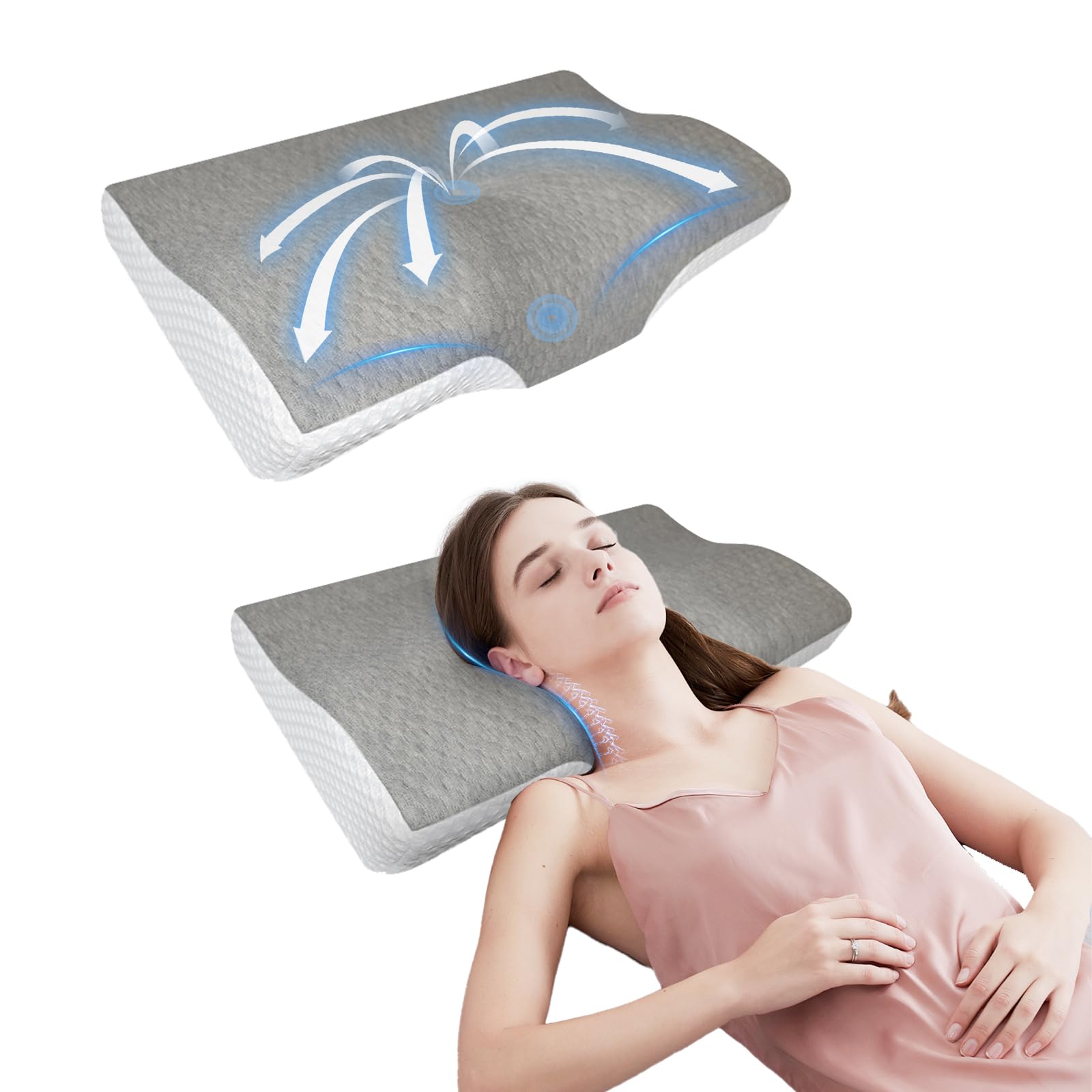 

Ergonomic Memory Foam Pillow, Adjustable Height, No Neck Pain, Anti-Snoring, Concave Hollow Design, Breathable Cover, Washable Cover, Easy to Turn