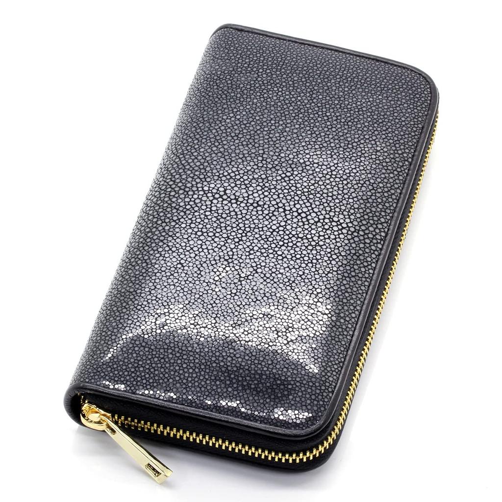 [Revetta] Stingray Leather Long Wallet, Black, Round Zipper, Gold, Galuchat Stingray Leather, Men's Genuine Leather [075-3stw]