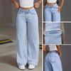 High-waisted Wide-leg Loose Stretch Straight Jeans for Women, Summer Style Loose Fit High-waisted Jeans Light Blue Cotton Casual Denim Pants