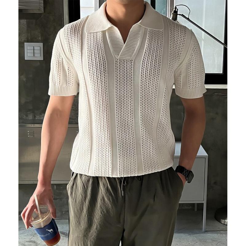 Men S Knitted Polo Shirt Short Sleeve Hollow Out Ice Silk Summer Old Money Style