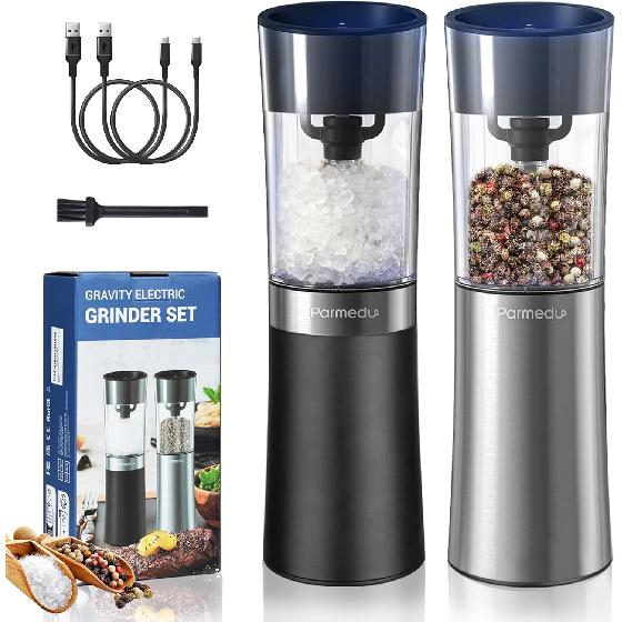 Gravity Electric Salt and Pepper Grinder Set: Automatic Salt and Pepper Grinder Set, USB Rechargeable with LED Light, Adjustable Coarseness, Large