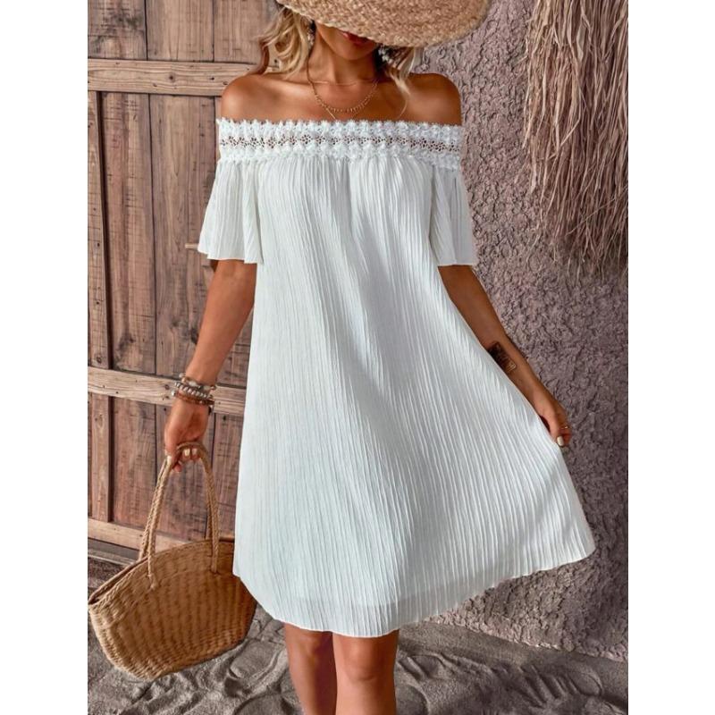 Dámské ležérní krajkové patchworkové šaty na jedno rameno