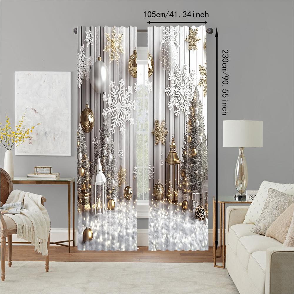 2Pcs Christmas Tree And Snowflake Window Curtain Polyester Material With Rod Pocket Landscapes Print For Bedroom And Living Room