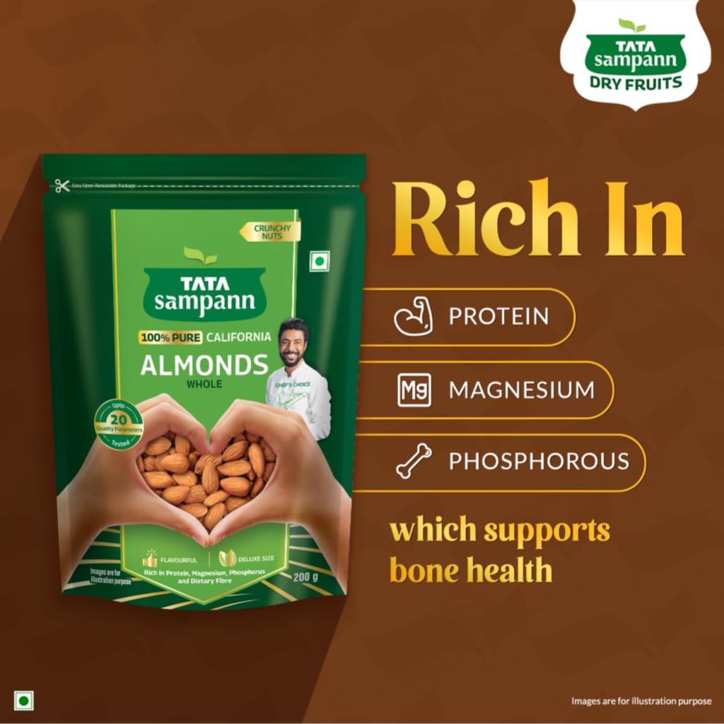 TATA Sampann Pure California Almonds Whole 200g Pack of Premium Crunchy Nuts High In Protein Fiber
