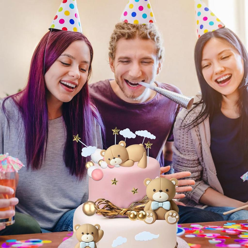 19 PCS Mini Brown Bear Cake Decoration Beige Balls Cake Topper Decoration for Birthday Party Decorations